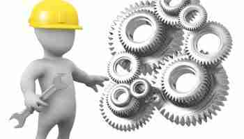 3d Little man repairs the machine